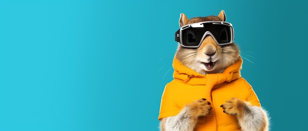 Piccolo scoiattolo divertente che sorride durante le vacanze invernali sciando Banner largo con spazio di copia sul lato