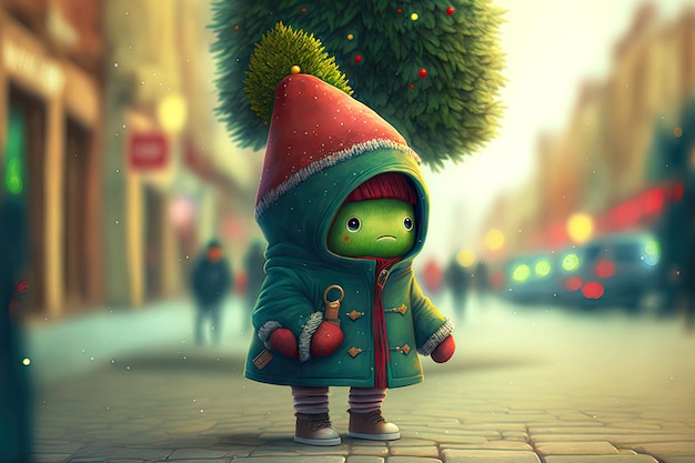 Piccolo simpatico personaggio dell'albero di Natale che cammina in città sulla strada