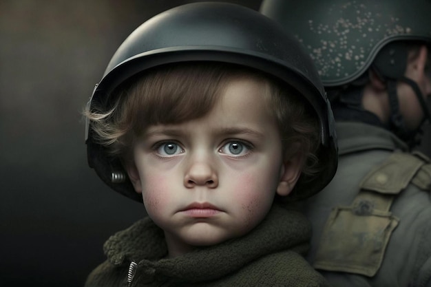 Piccolo soldato ragazzino in un casco militare Il concetto di nessuna guerra bambini in guerra generazione AI