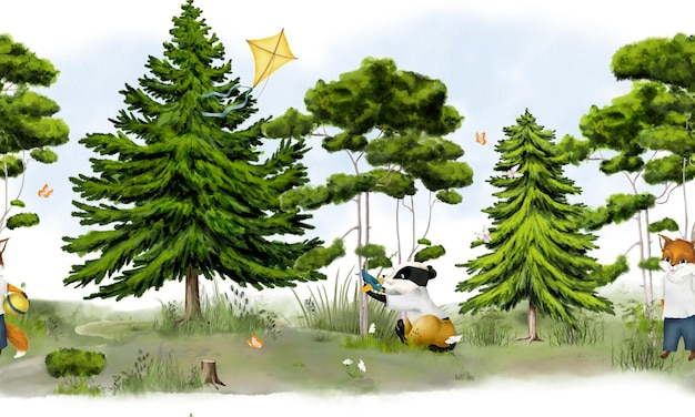 Piccolo tasso con un aereo sotto l'albero Illustrazione digitale ad acquerello Il cucciolo di volpe dorme sotto l'alo pino e abete isolati su uno sfondo bianco Un aquilone vola nel cielo blu