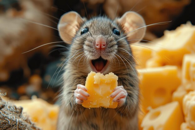 Piccolo topo carino con un pezzo di formaggio nelle mani primo piano estremo IA generativa