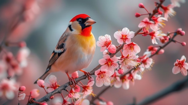 Piccolo uccello seduto su un ramo di un albero di mele in fiore