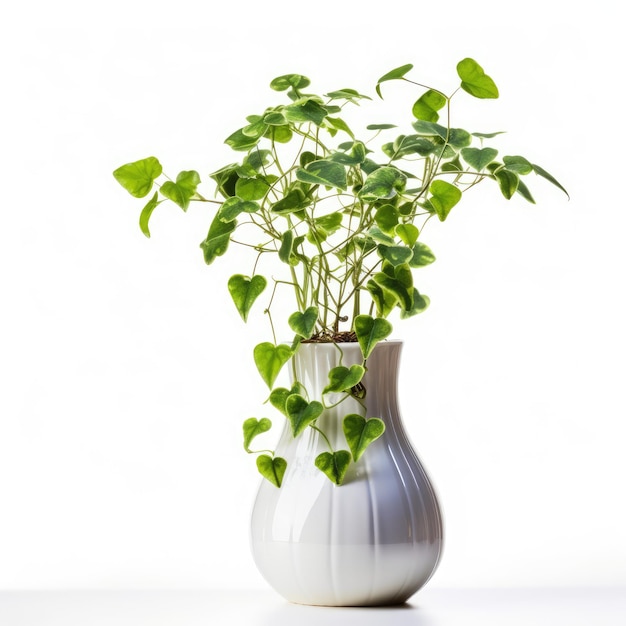 Piccolo vaso con pianta verde su sfondo bianco