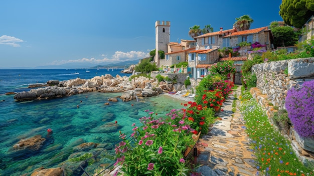 Piccolo villaggio costiero con fiori colorati e acque limpide