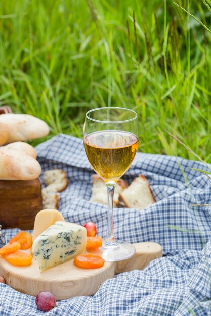 Picnic al parco sull'erba: vino, formaggio e pane