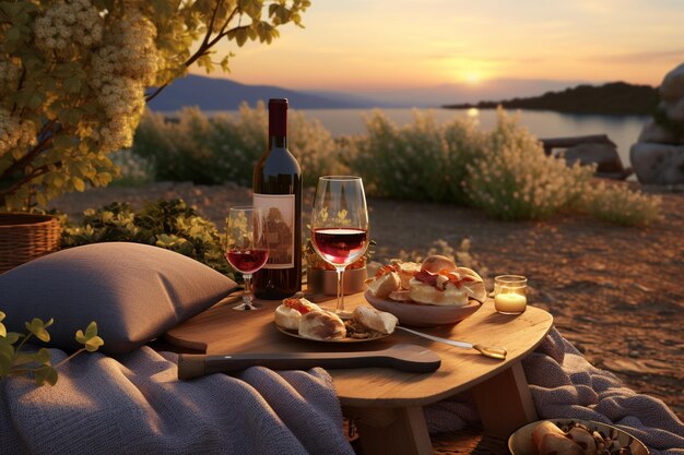 Picnic al tramonto con vino e luci a corda