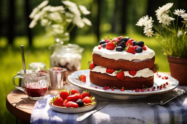 Picnic all'aperto con una torta fatta in casa