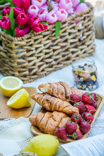 Picnic all'aperto in un lussureggiante parco verde con un gustoso croissant frutta ciambelle e vino sull'erba