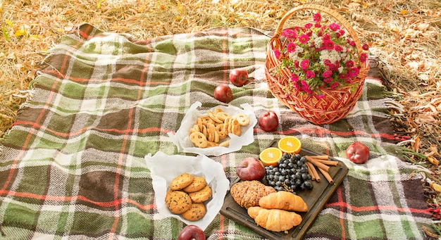 Picnic autunnale. Cesto con fiori su una coperta. Tè, croissant, biscotti, uva in foglie autunnali gialle. Concetto di autunno. Bandiera. Copia spazio.
