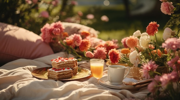 Picnic con fiori e tè su una coperta