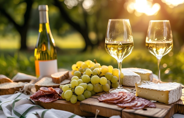 Picnic con vino bianco servito fuori con formaggio e charcuteri