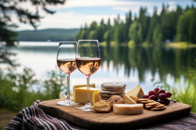 Picnic con vino e formaggio con sfondo panoramico del lago creato con intelligenza artificiale generativa