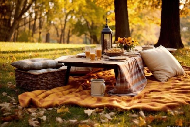 Picnic d'autunno accogliente con coperte, zucche e bevande calde