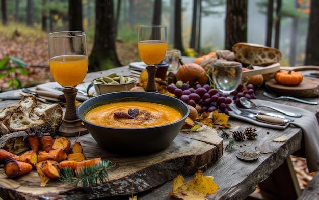 Picnic d'autunno con zuppa di zucca