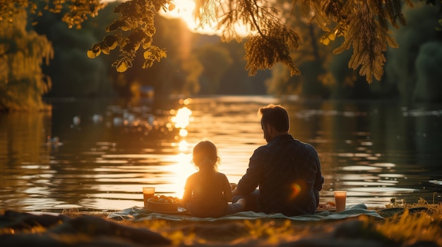 Picnic del giorno del padre al lago con il padre e il figlio