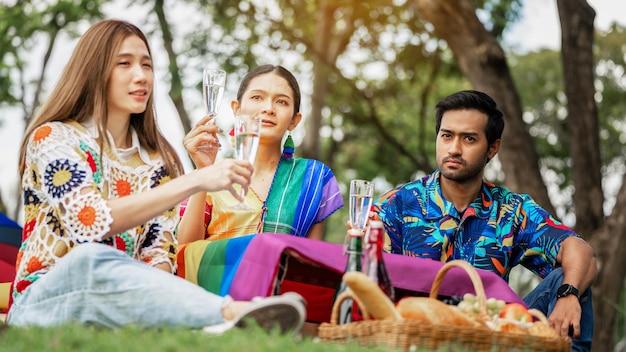 Picnic di amici LGBTQ Giovani amici felici che fanno un picnic nel parco cittadino Persone che escono sorridendo