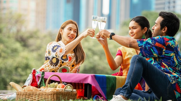 Picnic di amici LGBTQ Giovani amici felici che fanno un picnic nel parco cittadino Persone che vanno in giro sorridendo