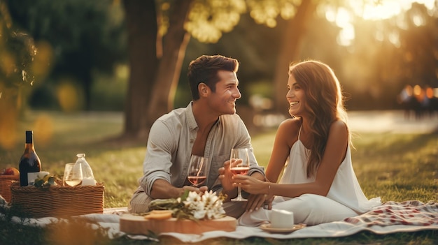 Picnic di anniversario di coppia d'amore all'aperto con cibo e vino deliziosi