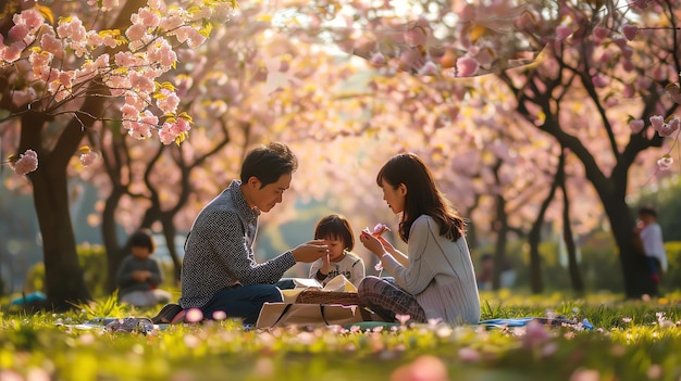 Picnic di famiglia nel parco Una giovane coppia è seduta su una coperta nel parco a fare un picnic con la loro bambina