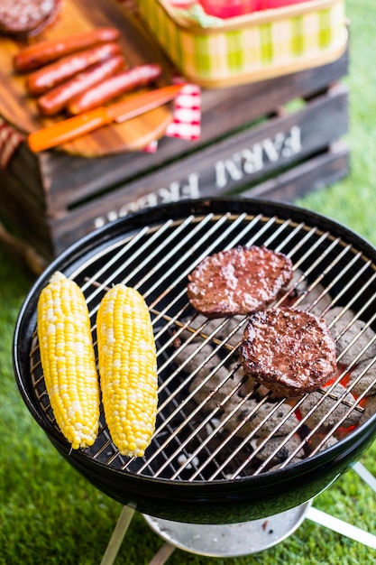 Picnic estivo con piccola griglia a carbone nel parco.