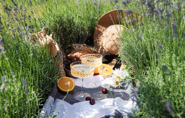 Picnic estivo su un campo di lavanda