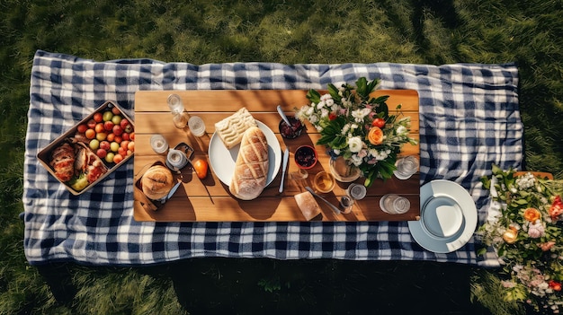 Picnic in legno in vacanza vista dall'alto