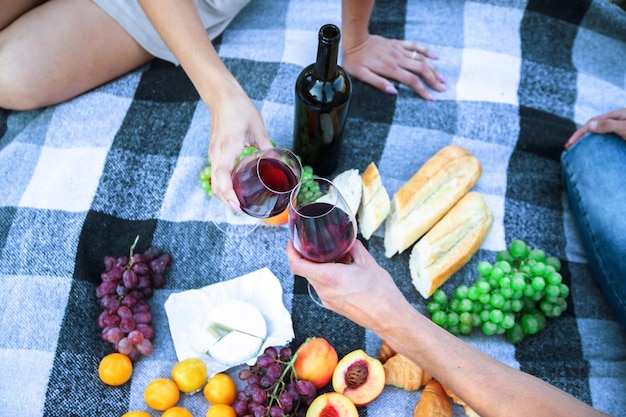 Picnic in natura, una ragazza e un uomo tengono in mano dei bicchieri con del vino. Messa a fuoco selettiva