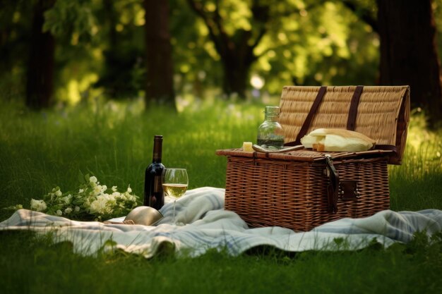 Picnic in un parco circondato da alberi ad alto fusto, erba verde e una coperta stesa IA generativa