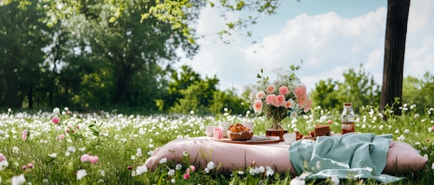 Picnic in un prato di peonie in fiore Tavola sull'erba in un parco Riposo all'aperto Colazione sul prato