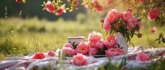 Picnic in un prato di peonie in fiore Tavola sull'erba in un parco Riposo all'aperto Colazione sul prato