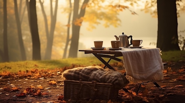 picnic nel paesaggio autunnale in un cestino da picnic nel parco mattutino soleggiato e autunno a piedi