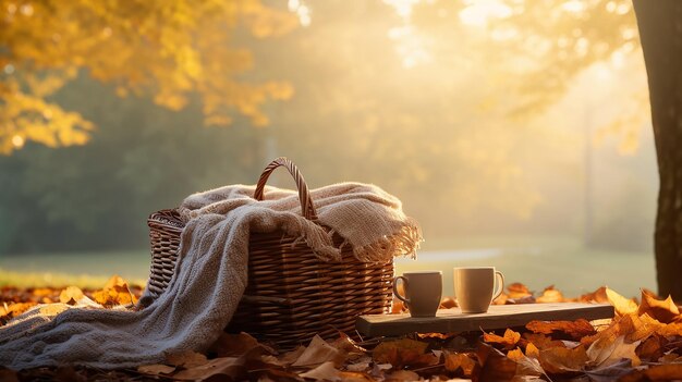 picnic nel paesaggio autunnale in un cestino da picnic nel parco mattutino soleggiato e autunno a piedi