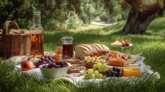 Picnic nel parco Picnic sull'erba Frutta fresca pane succhi vino e croissant