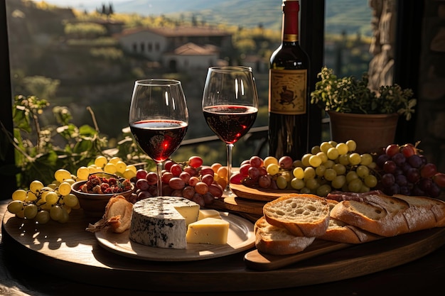 Picnic odievole nei vigneti italiani, formaggi, prosciutti, pane e vini locali in armonia generativa IA