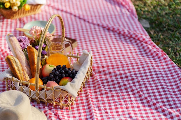 Picnic pranzo pranzo all'aperto Parco con cesto da picnic di cibo godersi il tempo di picnic nel parco natura all'aria aperta