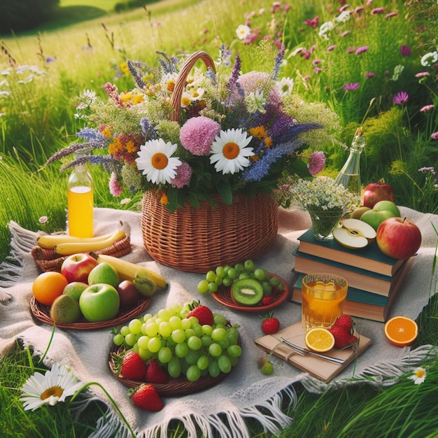 picnic su un prato verde con un cesto di frutta e fiori