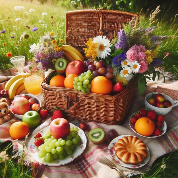 picnic su un prato verde con un cesto di frutta e fiori