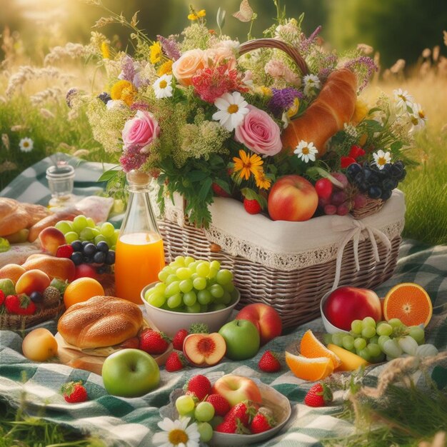 picnic su un prato verde con un cesto di frutta e fiori