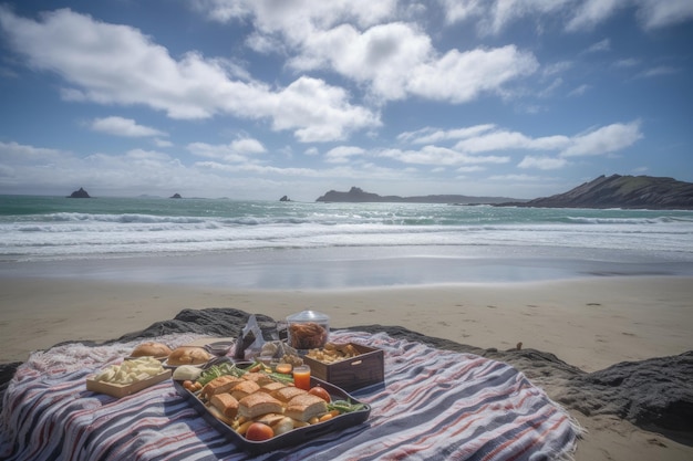 Picnic su una spiaggia assolata con onde che si infrangono dolcemente sullo sfondo creato con l'IA generativa