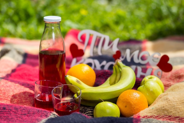 Picnic sull'erba Succo di fruttaPicnic al parco sull'erbaCibo sano e accessoriPicnic sull'erba Summer Time Coppia riposante al picnic