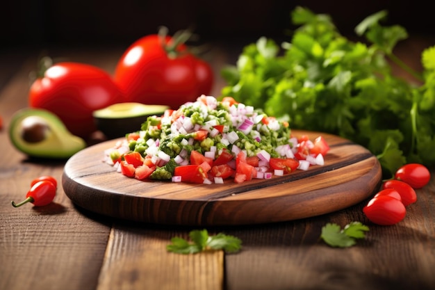 Pico de gallo con avocado su un tavolo di legno