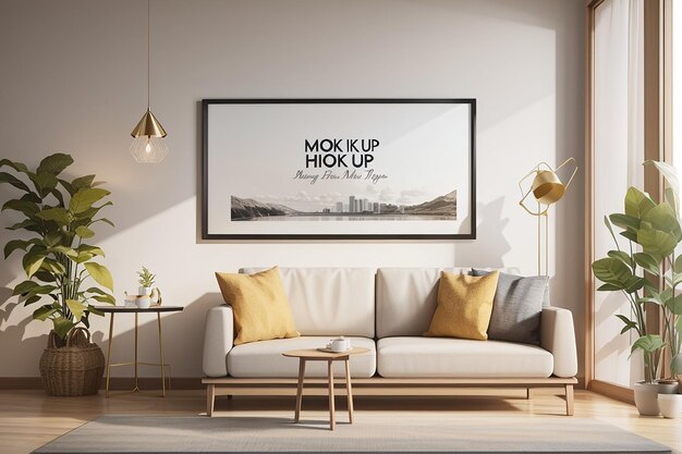 Picture frame mockup psd appeso in un soggiorno moderno