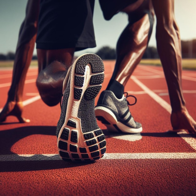 Pie de corredor en la pista de atletismo en la largdada