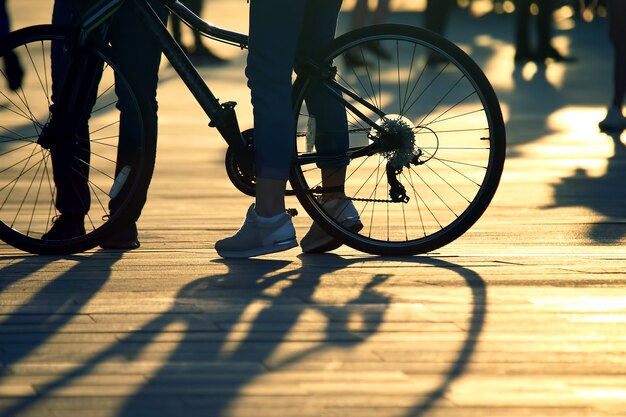 Piedi con bici e persone dietro il sole al tramonto. amicizia e relazioni tra le persone. comportamento sociale nella società. Tempo libero e riposo.