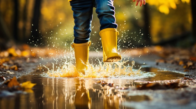 Piedi del bambino in stivali di gomma gialli che saltano