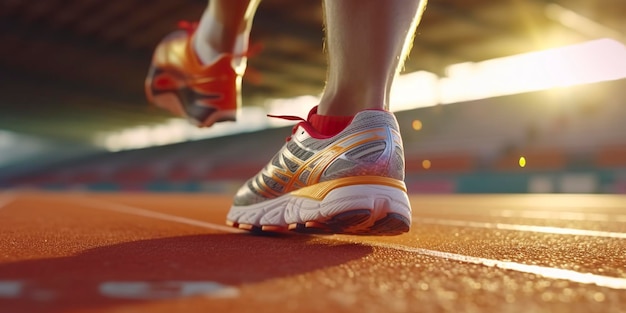 Piedi di corridore che corrono su uno stadio in primo piano su piedi spazio di sfondo sportivo per copiare AI Generative