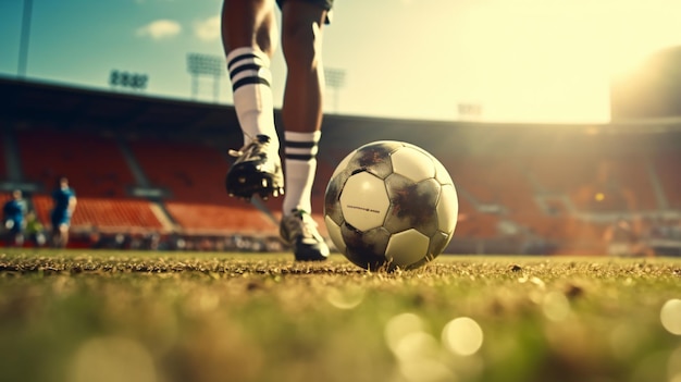 Piedi epici di un calciatore che calpesta un pallone da calcio