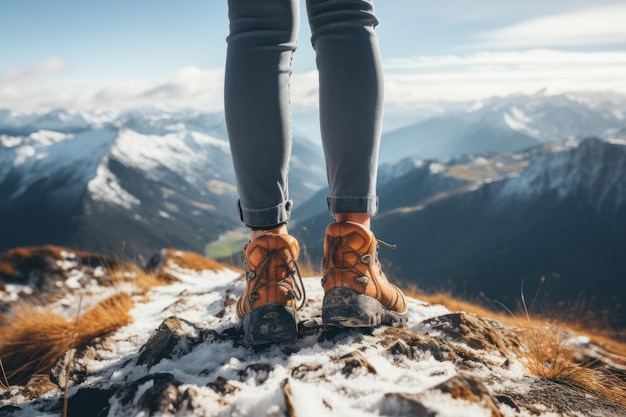 Piedi in calzini di lana con la vista delle montagne delle Alpi La donna si rilassa con la vista delle montagne con una tazza