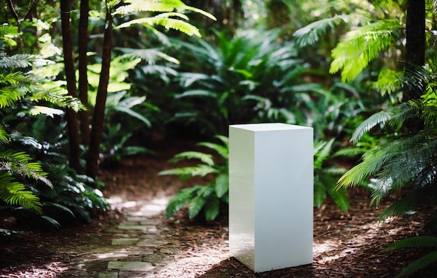 Piedistallo bianco nella foresta tropicale per la presentazione del prodotto Dietro c'è una vista del cielo.