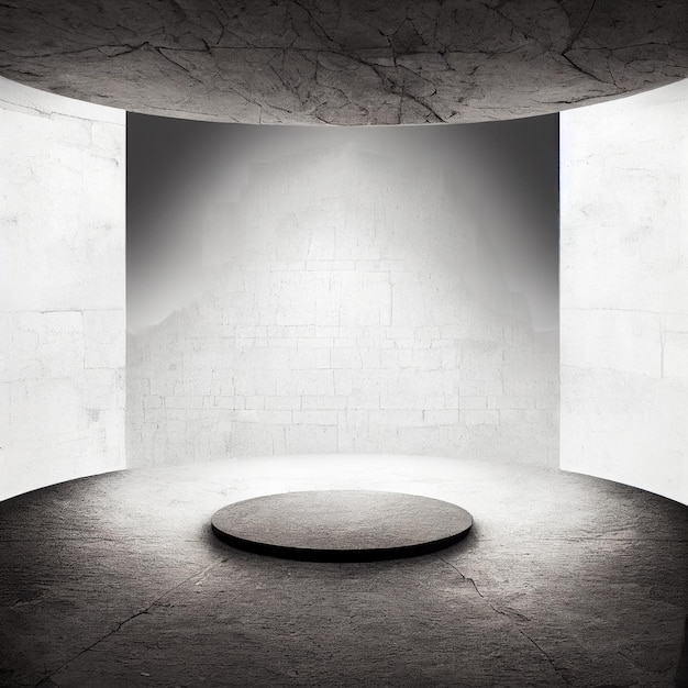 Piedistallo di roccia grigia in camera bianca mockup 3d prodotto presentazione podio design tavolo rotondo in pietra in interni minimali con due striscioni bianchi